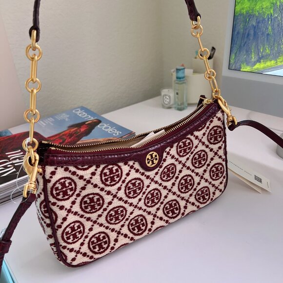 tory burch monogram chenille studio shoulder crossbody bag 86553 claret - Picture 2 of 6